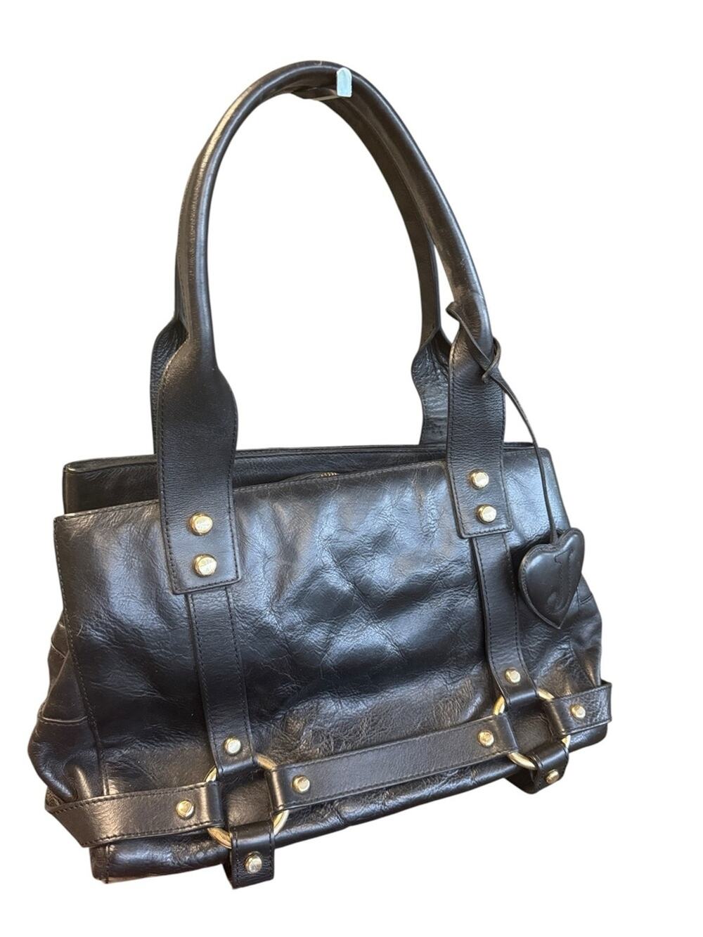 Vintage Y2K Juicy Couture Black & Gold Leather Shoulder Birkin Bag & Heart Charm